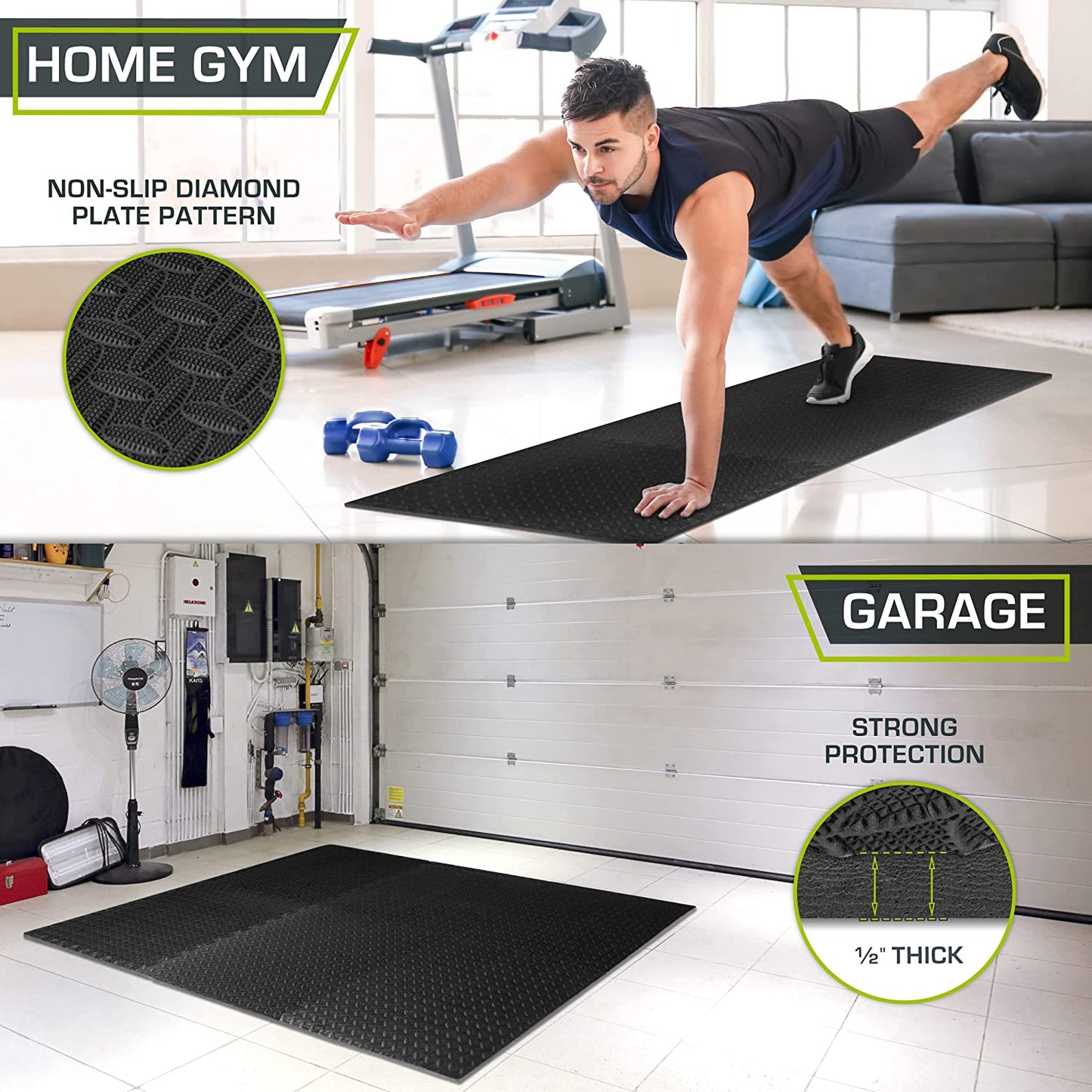 Puzzle Exercise Mat ½ In, EVA Interlocking Foam Floor Tiles for Home Gym, Mat for Home Workout Equipment, Floor Padding for Kids, Black, 24 in X 24 in X ½ In, 24 Sq Ft - 6 Tiles